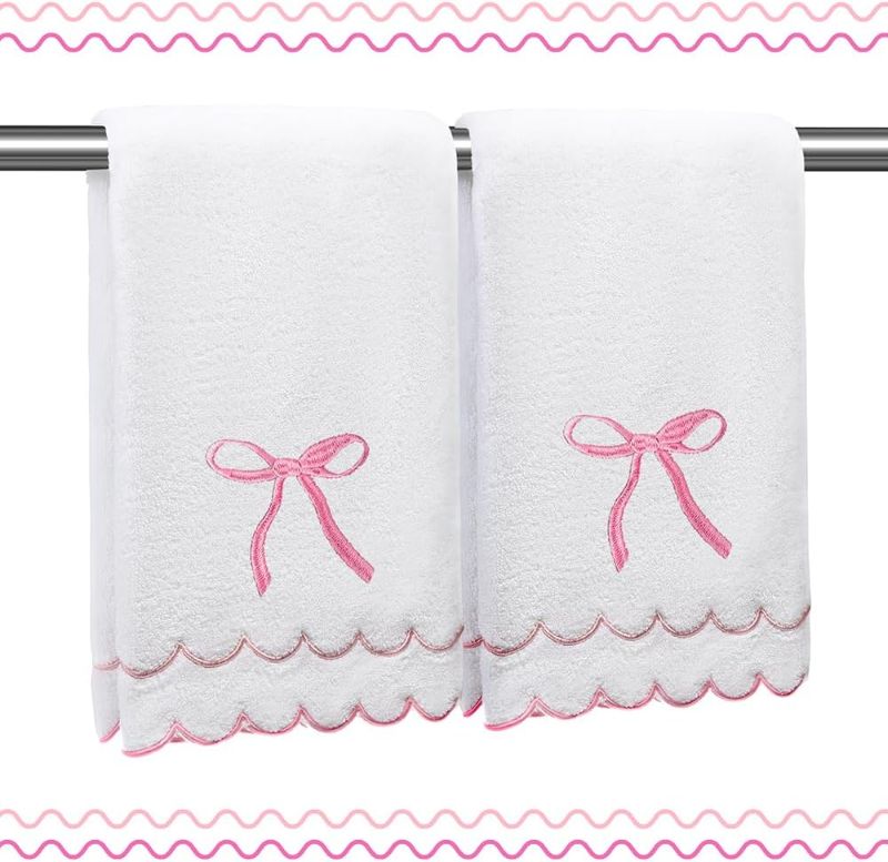 Photo 1 of 2 Pcs Coquette Bow 100% Cotton Hand Towels for Bathroom Scalloped Hand Towels 16 * 27 Inch Embroidered Decorative 600 GSM Soft Absorbent Bath Towel for Spa Yoga Hotel Sport (Pink)