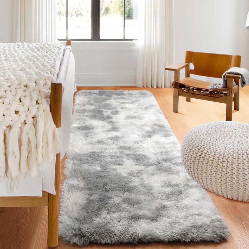 Photo 1 of ONASAR 2x6 Runner Rugs for Bedroom Living Room, Washable Fluffy Tie-Dyed Light Grey Bedside Hallway Throw Area Rug, Ultra Soft Plush Furry Floor Carpet Mat for Nursery Kids Dorm Closet Home Decor