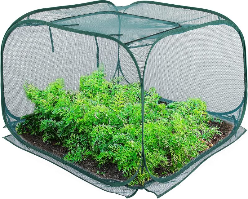 Photo 1 of Pop Up Mesh Plant Cover, Plant Protector for Raised Garden & Flower Bed, Net Cage Plant Guard for Fruits, Vegetables, Seedlings and Herbs, 8 Ground Stakes for Fixing.