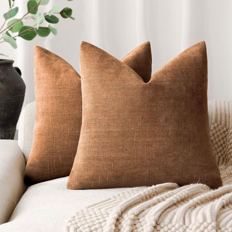 Photo 1 of Foindtower Pack of 2 Soft Textured Throw Decorative Pillow Covers Square Accent Solid Cushion Cover Cozy Farmhouse Pillow Case with Zippe for Couch Sofa Bed Living Room 18x18 Inch, Bronze
