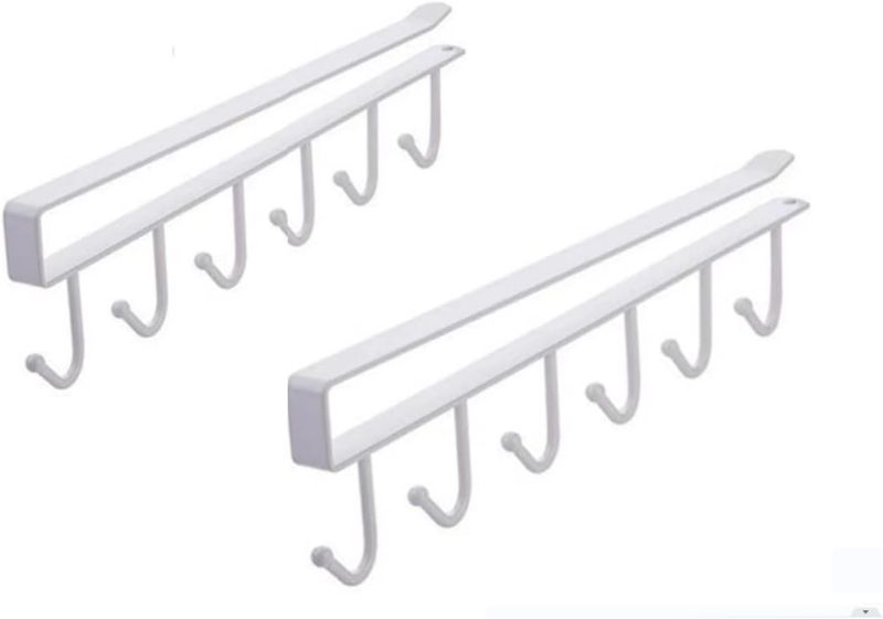 Photo 1 of Multi-Function Hooks Under The Cabinet 6-Hook Hanging Hook Rack Kitchen Utensil Cupboard Hanger Chest Organizer Cup Holder for Coffee Bar, Fit for 0.8 Inch Thickness Shelf or Less, Nail Free (White)