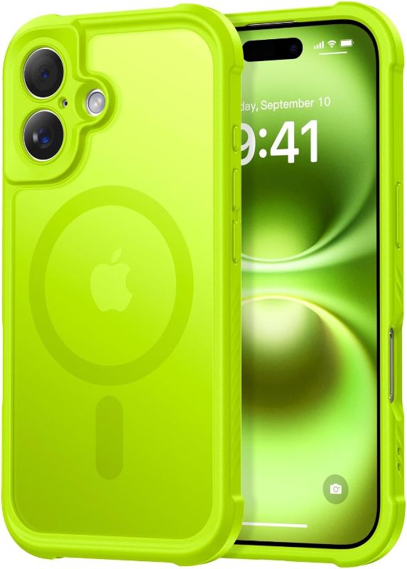 Photo 1 of Thomo Magnetic for iPhone 16 Case, [Full Camera Protection] [Compatible with Magsafe] Military-Grade Shockproof, Anti-Fingerprint Translucent Matte Phone Case,Fluorescent Green
