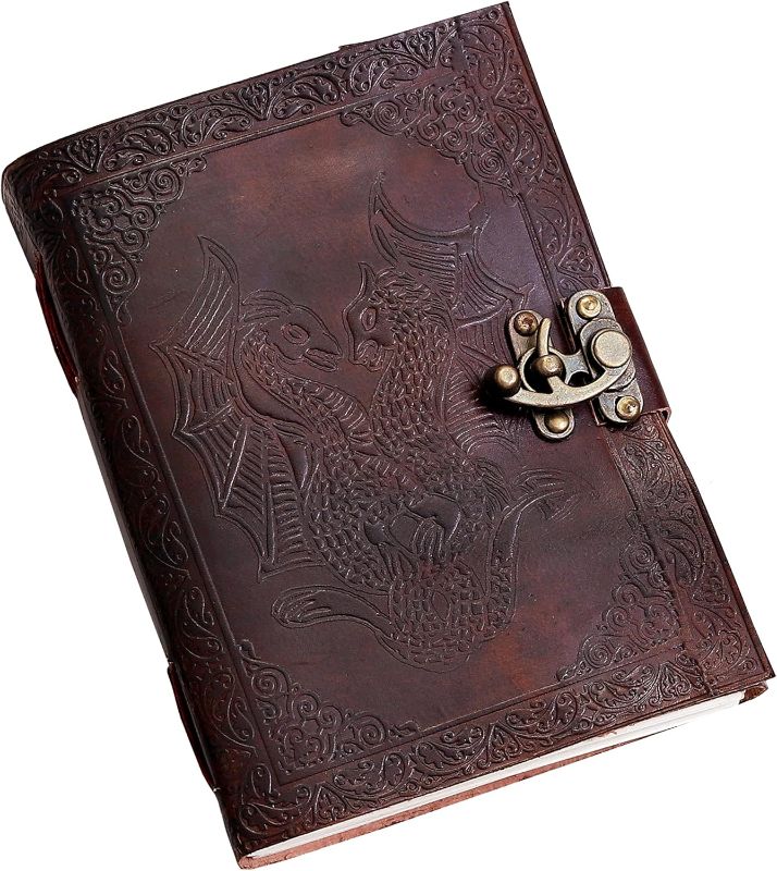 Photo 1 of AzureGreen DOUBLE DRAGON Blank Page BOOK Handcrafted Leather Writing Unlined 5 x 7 JOURNAL (MEDIUM, Brown With Claps)