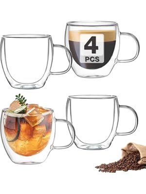 Photo 1 of MFACOY Double Wall Insulated Glasses - Set of 4, 5 oz Clear Coffee Cups with Handle, Thicker, Suit for Espresso Machine, Latte, Cappuccino
