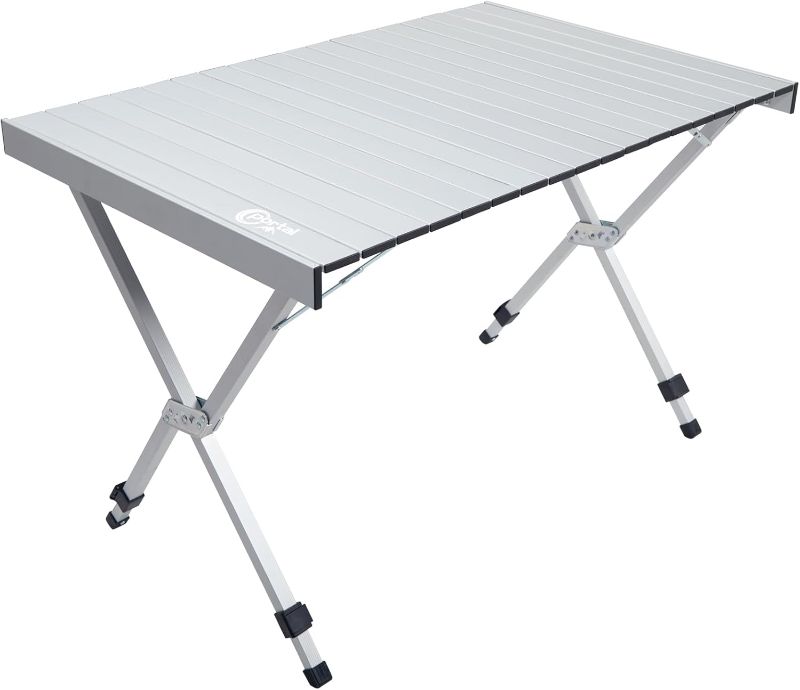 Photo 1 of PORTAL Folding Outdoor Camping Table with Adjustable Height, Aluminum Roll-Up Top and Carry Bag, Big Large Portable Tables for Picnic, BBQ and Tailgating, Silver