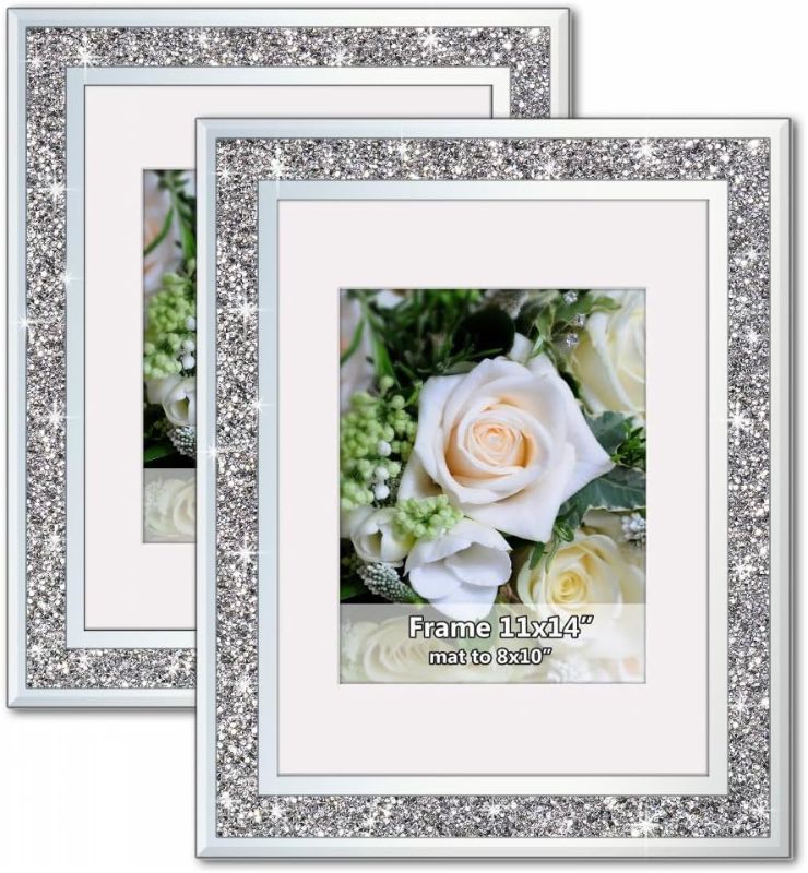 Photo 1 of Crushed Diamond Wedding Mirror Photo Frame, Crystal Silver Glass Picture Frame For Photograph Size 11x14 inch With Mat for 8x10 inch, Pack of 2 Pieces Wall Frame. Bling Sparkle Diamond Home Decor.