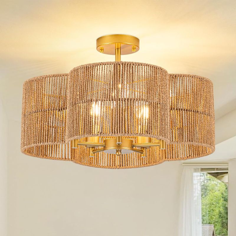 Photo 1 of Boho Light Fixtures Ceiling Light,5-Light 19" Rattan Semi Flush Mount Ceiling Light Fixture with Hand-Woven Shade, Farmhouse Chandelier for Hallway Living Room Bedroom Kitchen Island Entryway