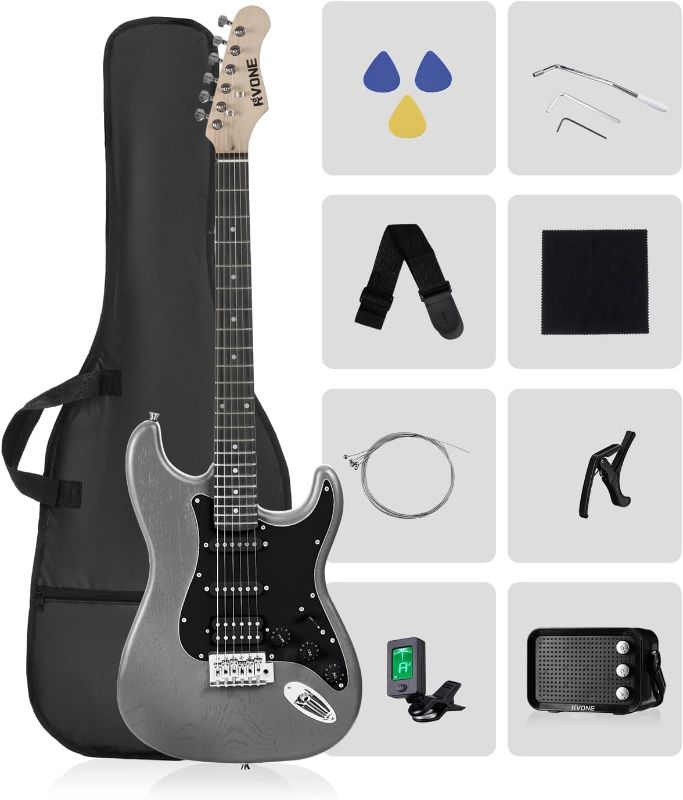 Photo 1 of RST-150 39" Beginner Electric Guitar Kit with Amp & HSS Pickups | Complete Starter Set for Newcomers w/Essentials | Gig Bag, Extra Strings, Digital Tuner, Capo, Strap | Home Practice (Black)