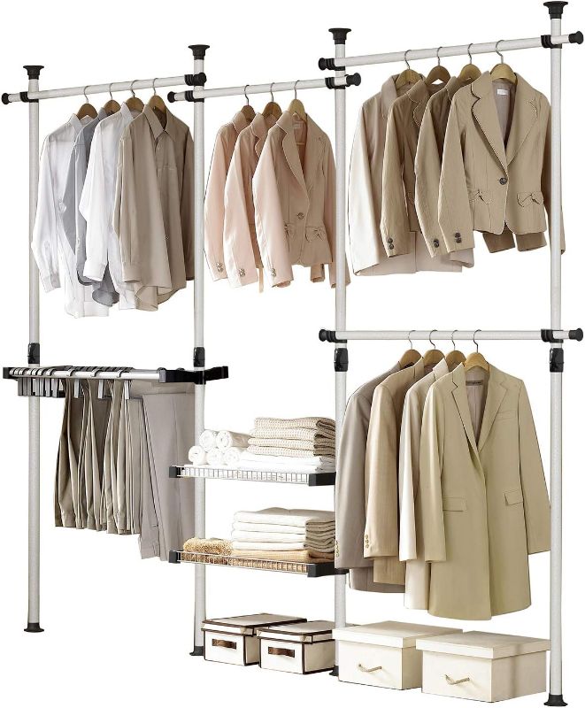 Photo 1 of Prince Hanger Deluxe Pants & Shelf Hanger Heavy Duty One Touch Load 880LBS Clothing Racks for Hanging Clothes Metal Wardrobe Closet Garment Tension Rod Freestanding Ivory Height Adjustable PHUS-0052
