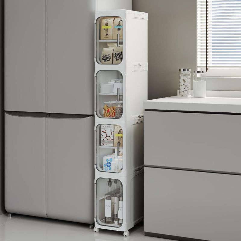 Photo 1 of 4-Tier Tall Narrow Storage Cabinet, Slim Bathroom Storage Cabinet with Adjustable Shelves and Wheels, Narrow Organizer for Small Space, Bathroom, Kitchen, Laundry
