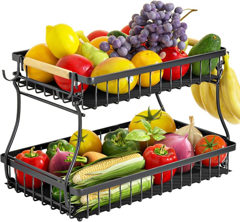 Photo 1 of 2 Tier Fruit Basket with 4 Banana Hangers, Premium Detachable Fruit Bowl for Kitchen Counter, Large Capacity Fruit Holder Stand Countertop Organizer for Bread Snack Produce Storage