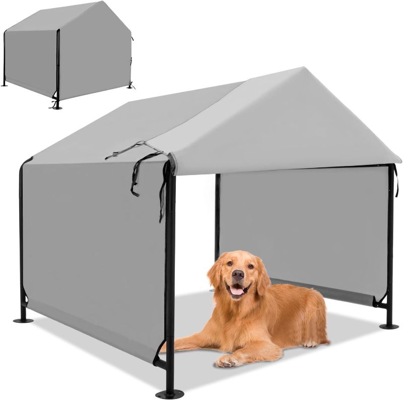 Photo 1 of XLarge Outdoor Dog House 4'x4'x3.6' for Large Dogs, Animal Shelter with Upgraded Doors, Outside Sun Rain Canopy Pet House for Dogs, Cats, Small Animals and Livestock, Grey