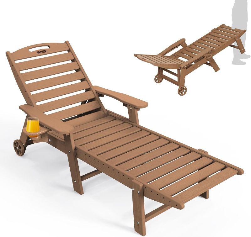 Photo 1 of Lounge Chair Outdoor, Oversized Chaise Lounge Chair with 5 Positions, HDPE, Patio Lounge Chair with Wheels & Cup Holder for Pool, Deck, Poolside, Teak