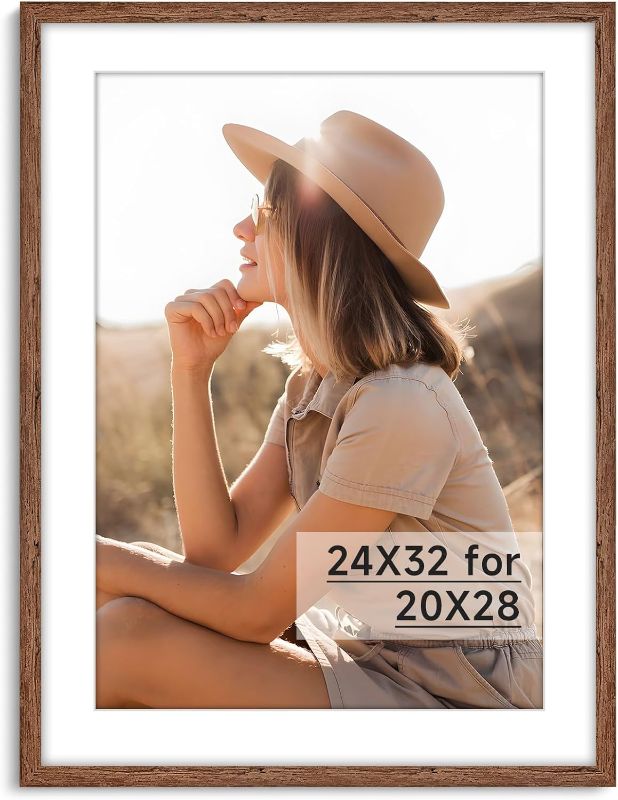 Photo 1 of HLiWEGNS Light Walnut 24x32 Frame - Single Frame - Rustic Woodgrain 24 x 32 Poster Frame for Pictures 20x28 with Mat or 24x32 Picture Frame Without Mat for Wall Gallery Display - Ideal Christmas Day