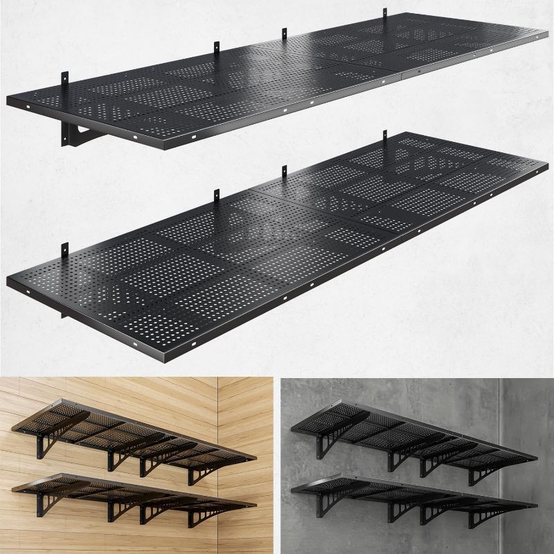 Photo 1 of 4-Pack 2x3ft Heavy Duty Garage Wall Shelving, 1000 lbs Load Capacity, Garage Shelving Wall Mounted, Garage Storage Rack with Hooks, Black