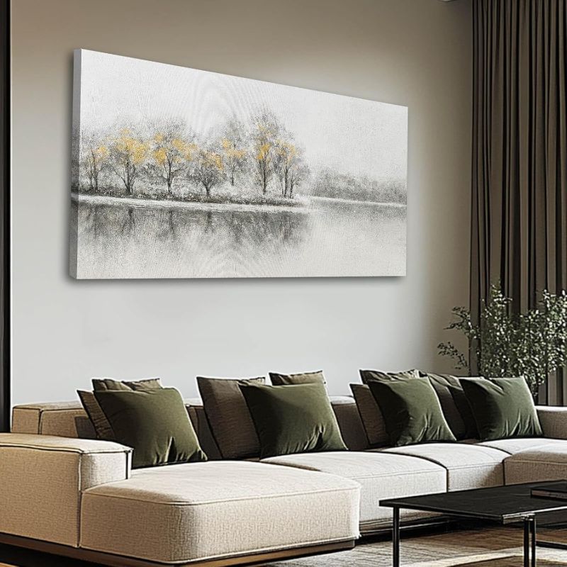 Photo 1 of WINKAILIN Large Landscape Canvas Wall Art for Living Room Gold and Grey Tree Wall Prints for Bedroom Lake Posters Office Hanging Decor 29x58 Inch