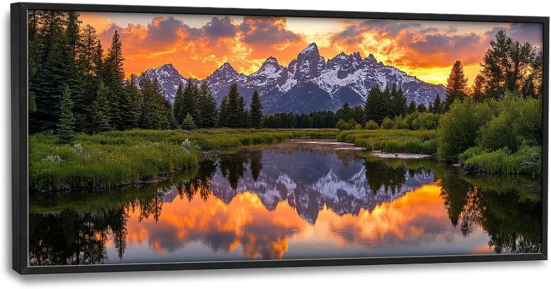 Photo 1 of Large Mountain Lake Wall Art for Living Room, Forest Tree Canvas Wall Decor, Sunset Pictures Framed Painting, Natural Landscape Artwork for Bedroom Office 60L'' × 30W''