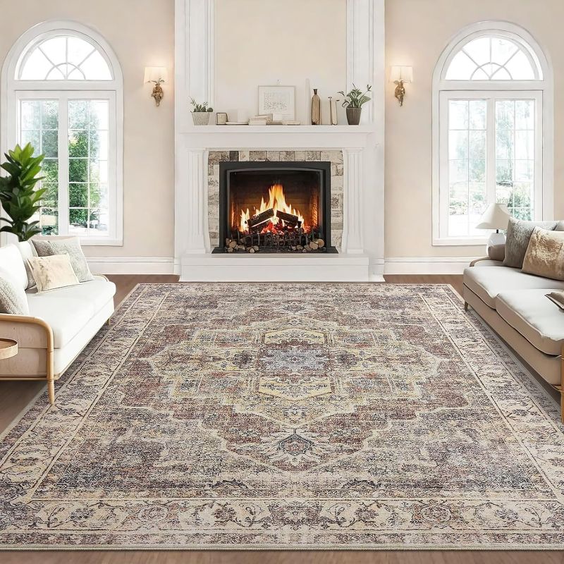 Photo 1 of Washable Rugs 8x10 for Living Room - Vintage Brown Non-Slip Indoor Area Rug for Bedroom - Stain Resistant Low Pile Thin Large Floor Carpet for Dinning Room Home Office