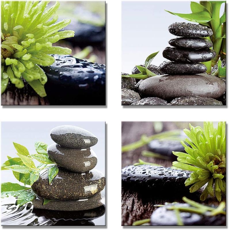 Photo 1 of Zen Bathroom Decor Meditation Canvas Wall Art, Water Stone and Green Plants Pictures for Yoga Spa and Office Calming, Relaxing Wall Art for Office Bedroom Living Room (16x16in, 4 Panels)
