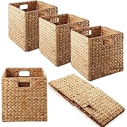Photo 1 of 5Pack Woven Shelf Baskets, 10.5'' Water Hyacinth Handmade Open Storage Bins, Light Brown Pantry Baskets Organization Basket Foldable Storage Bins for Bedroom, Cubby Cubes Wicker Basket with Handles