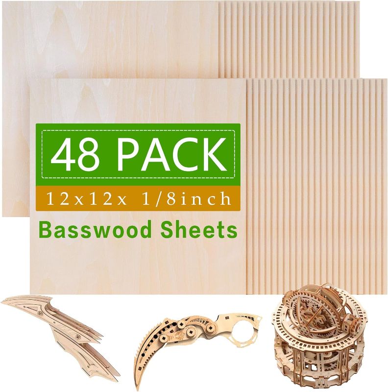 Photo 1 of 48 Pack Basswood Sheets,12 x 12 x 1/8 Inch,3mm Basswood Plywood Sheets with Smooth Surfaces, Unfinished Wood for Laser Cutting, Wood Burning,Drawing, Architectural Models and DIY Wood Crafts(48)