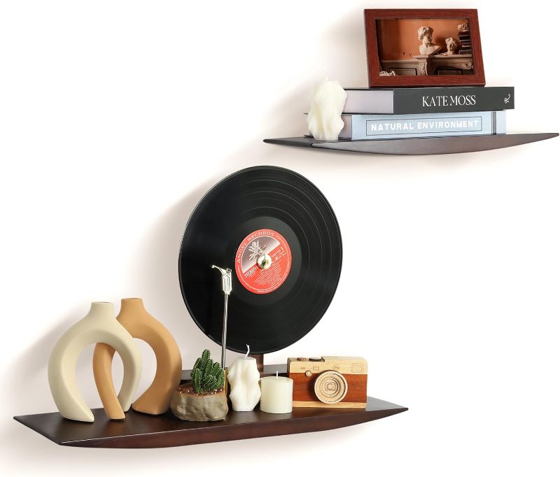 Photo 1 of Floating Shelves for Home Decor: Solid Wood Wall Shelf Walnut Mid Century Modern Set of 2 with Heavy Duty Bracket for Living Room Bathroom Bedroom Kitchen for Aesthetic Homeowner