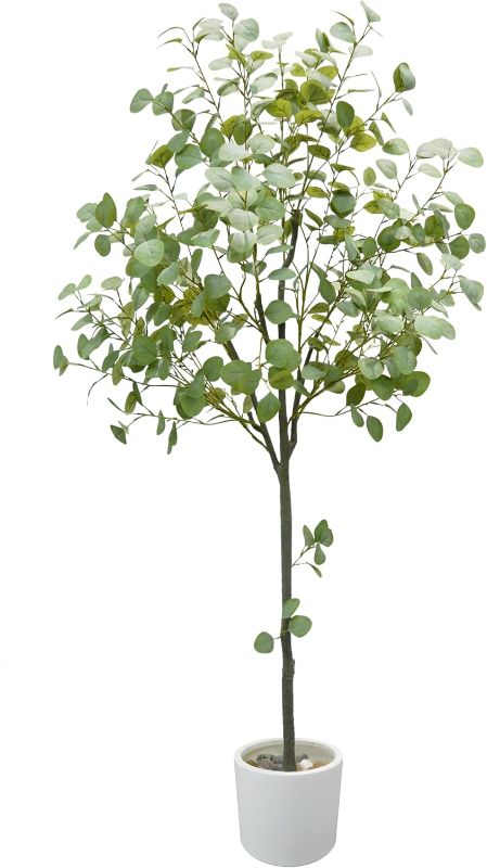 Photo 1 of Artificial Eucalyptus Tree 6ft Tall, Modern Fake Silver Dollar Leaves Plastic Plants for Home Decor Indoor Outdoor Garden Decor, Faux Tree with White Pot
