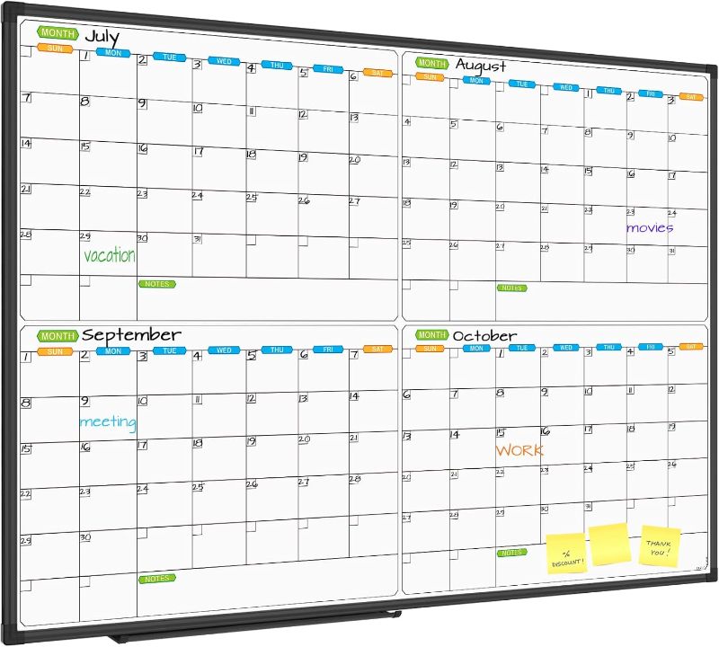 Photo 1 of JILoffice Magnetic Dry Erase Calendar Whiteboard, 4 Month White Board Planner 48 X 36 Inch, Black Aluminum Frame Wall Mounted Board for Office Home and School