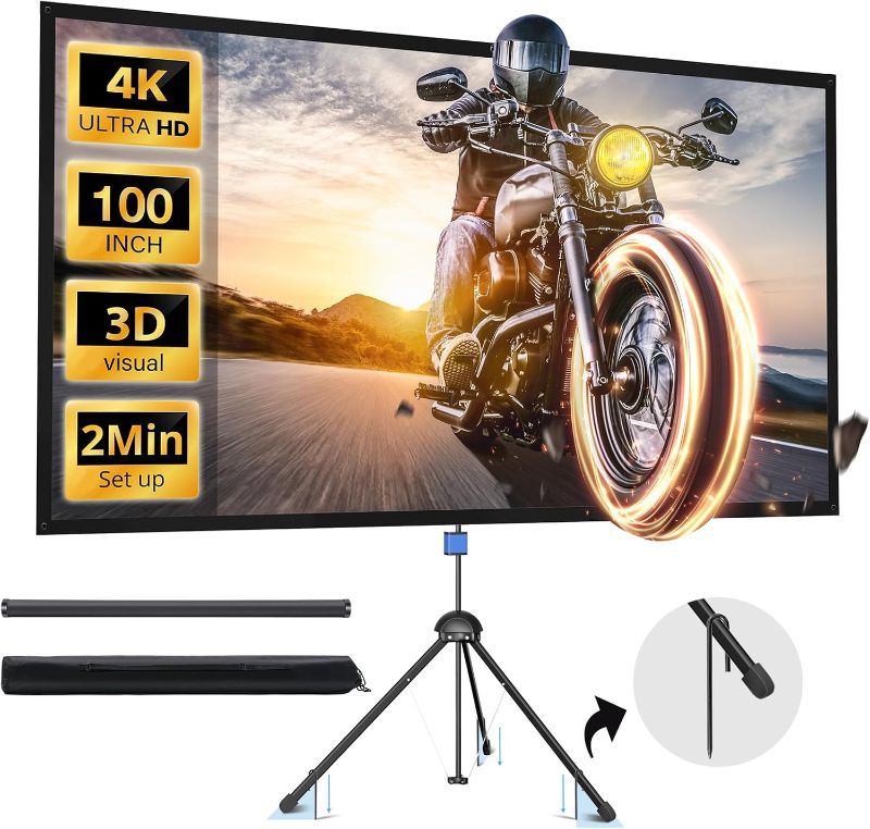 Photo 1 of Projector Screen with Stand, PARIS RHÔNE 100-inch Outdoor Indoor Projector Screen 16:9 4K HD PVC, 1.5 Gain Portable Wrinkle-Free Movie Screen for Home Backyard Theater with Carry Bag, Ground Nails