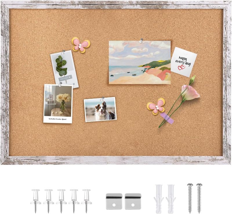 Photo 1 of Cork Board Bulletin Board, 35.4x23.6 inches Decorative Hanging Framed Cork Boards for Walls, Pin Board Vision Board for School Home Office, Bulletin Board with Wooden Frame (6090,WH,1pc)