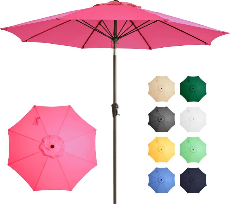 Photo 1 of Ayge 9FT Large Outdoor Patio Umbrella Market Table Umbrella-UV Resistant, Easy Push Button Tilt and Crank, 8 Sturdy Fiberglass Ribs Heavy-Duty Pool Umbrella for Deck, Backyard,Garden,Rose Pink