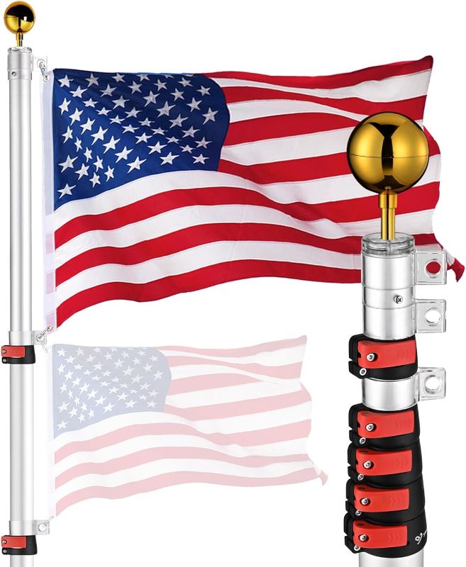 Photo 1 of Yescom EZ GO 20ft Telescopic Flag Pole Kit Upgrade Rotating Lock Aluminum Flagpole Set for Outside House Inground Outdoor Camper RV Tailgate Residential Commercial with 3x5' US Flag Ball Top, Silver