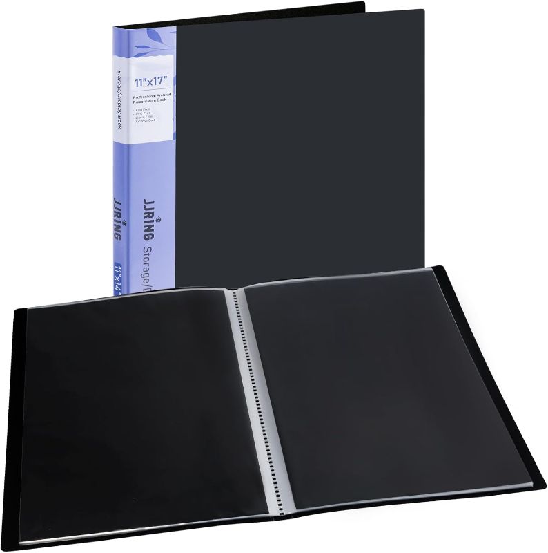 Photo 1 of JJRING 11x17 Art Portfolio Folder with Plastic Sleeves, 24-Pocket Portfolio Binder Displaying 48 Pages, Presentation Book with Black Inner Paper for Artwork Storage, Black