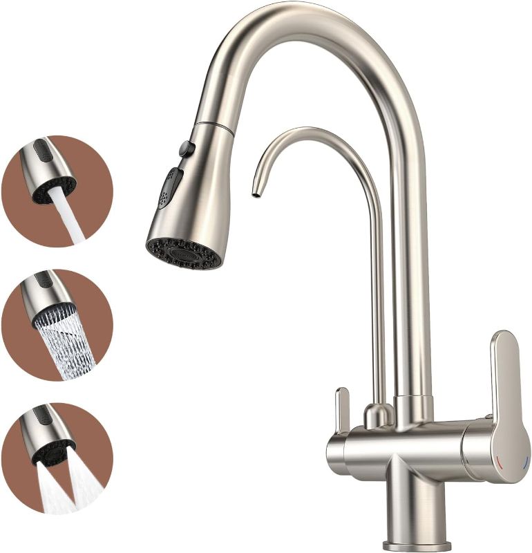 Photo 1 of Kitchen Sink Faucet with Pull - Down Sprayer, 2 - Handle 3 - in - 1 Kitchen Sink Filter Faucet, Cold and Hot Mixer Drinking Water Faucet (Brushed Nickel-02)