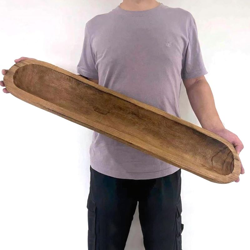 Photo 1 of Wooden Dough Bowls Decorative?Rustic Bread Long Bowls Decor Wood Tray, Hand Carved for Table Centerpiece Decor, Home Decor(30 * 6 * 2 inch Brown)