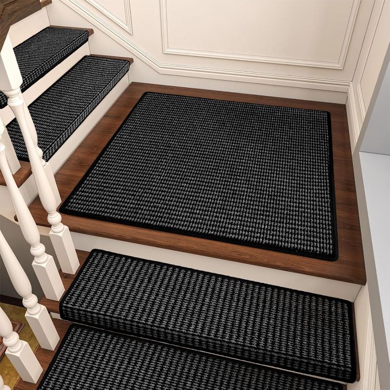 Photo 1 of Bullnose Carpet Stair Treads, Non Slip Landing Mat for Wooden Steps Indoor, Soft Stair Rugs for Pets, Indoor Doormat for Kitchen Bathroom, Washable, 30"x30" 1pc, Black and Grey