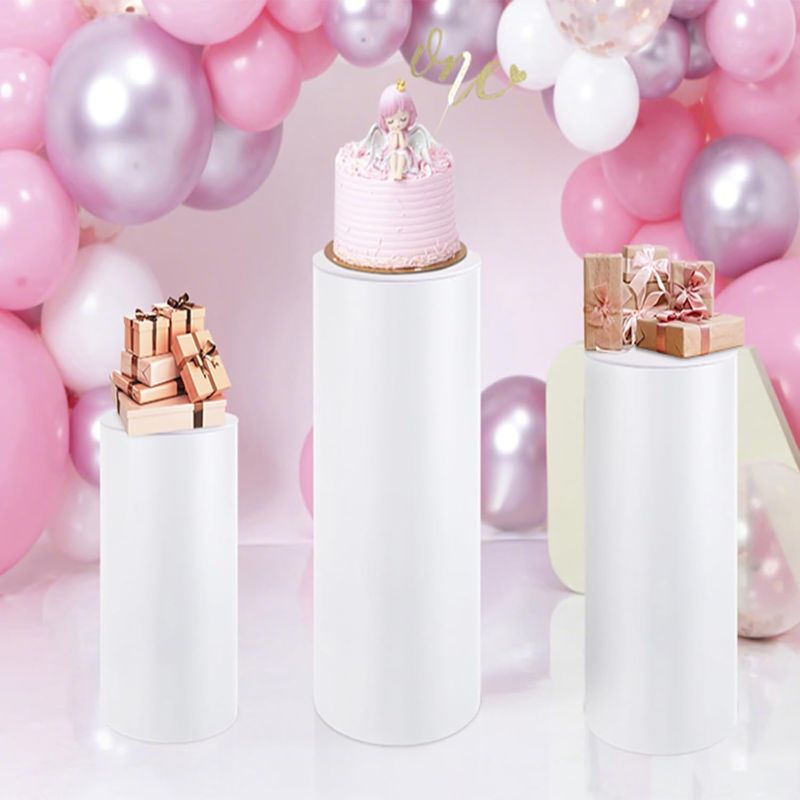Photo 1 of Dollate Cylinder Pedestal Stands White 3PCS Round Dessert Cake Table Display Pillars for Wedding, Birthday, Parties Decor
