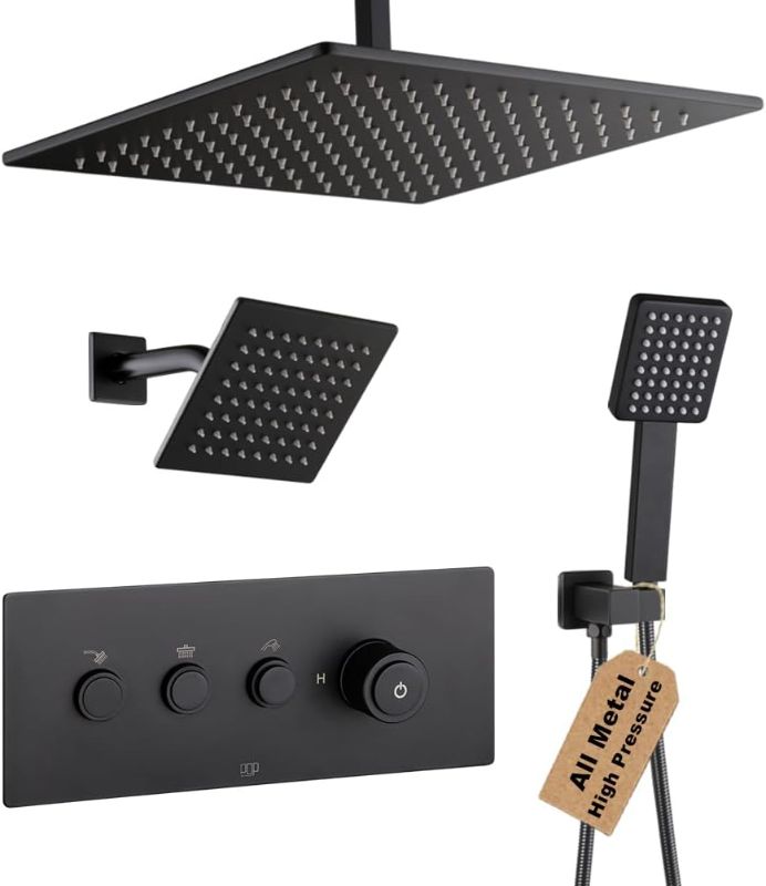 Photo 1 of POP SANITARYWARE Matte Black Shower Faucet Set Bathroom Rainfall Shower System, Ceiling Mount 12 Inch Shower Head with 6 Inch Wall Mount Shower Head and Handle Set, Include Shower Valve and Trim Kit