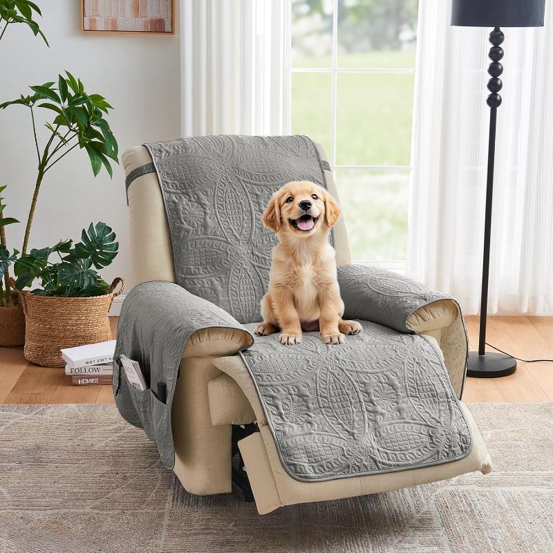 Photo 1 of Gray Quilted Recliner Chair Covers, Waterproof Recliner Slipcovers, Lazy Boy Chair Covers, Pet Friendly Recliner Cover for Dogs Cats, Washable Furniture Protector (Recliner 22", Cool Gray)