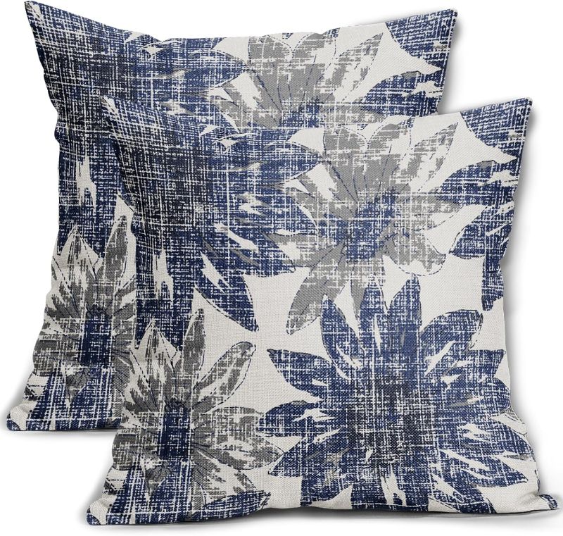 Photo 1 of Navy Blue Grey Gray Pillow Covers 18x18 Set of 2 Retro Sunflower Flowers Print Decorative Throw Pillows Outdoor Modern Art Floral Pillowcase Square Linen Cushion Case for Home Sofa Couch Bed
