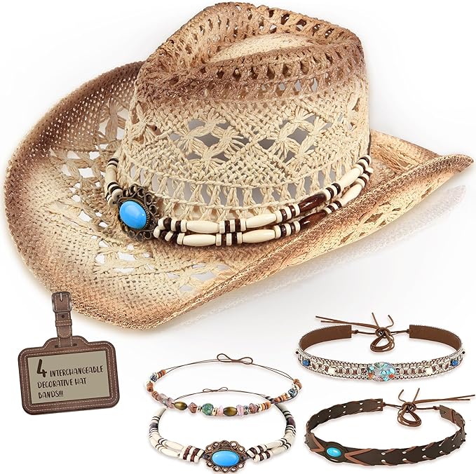 Photo 1 of Straw Cowboy Hat Western Cowgirl Hat with Four Decorative Bands, Hat Size Fits 21 7/8 to 23, Wide Brim