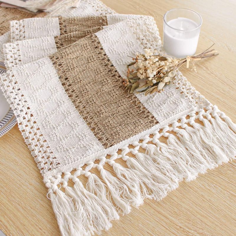 Photo 1 of FEXIA Boho Table Runner for Thanksgiving Fall Home Decor with Tassels 72 Inches Long Pottery barn Furniture Farmhouse Rustic Macrame Burlap Table Decoration for Living Room (12x72 Inches)