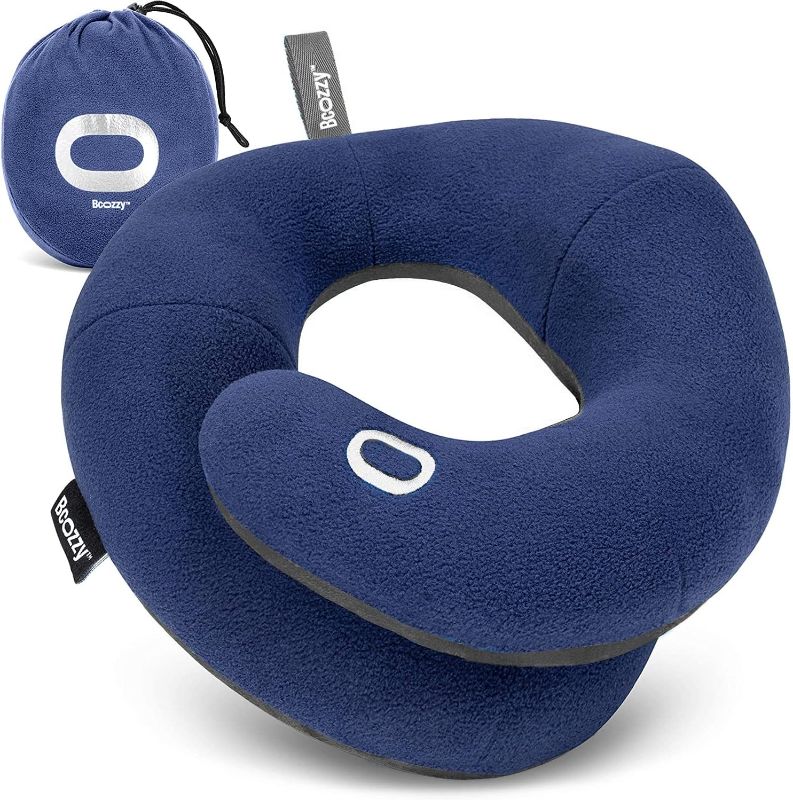 Photo 1 of BCOZZY Travel Neck Pillow for Airplane – Patented Double Support for Head, Neck, and Chin. Best for Long Flights, Plane Sleeping, and Car Rides. Adjustable Size. Fully Washable. Carry Bag. Large, Navy