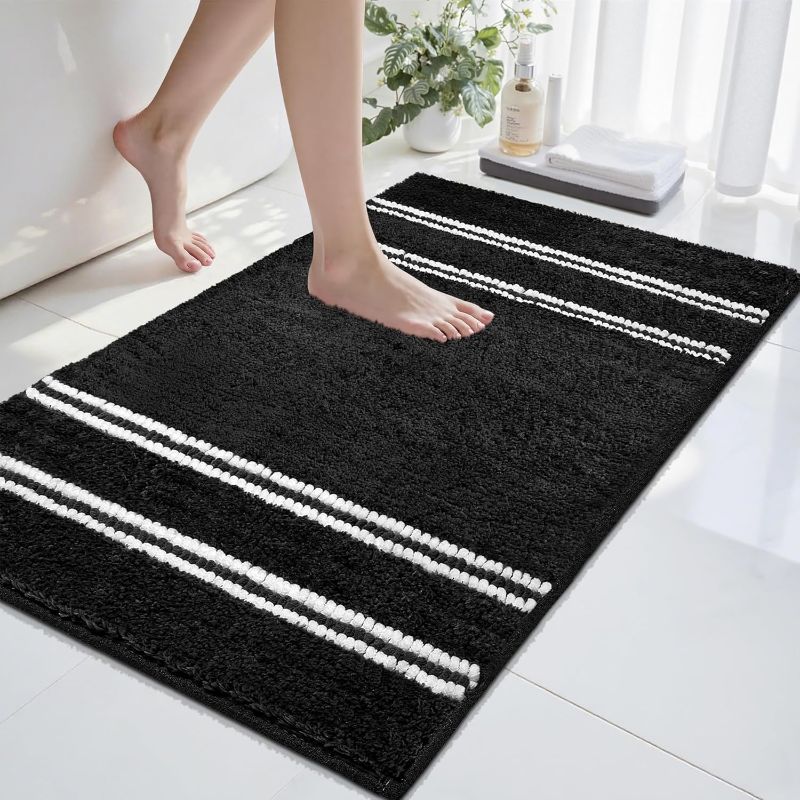 Photo 1 of Bathroom Rugs Non Slip Washable 24x17, Ultra Soft Super Absorbent Bath Rugs for Bathroom Floor, Shaggy Chenille Bath Rug, Microfiber Plush Quick Dry Bath Mat for Bathtub, Sink and Shower, Black