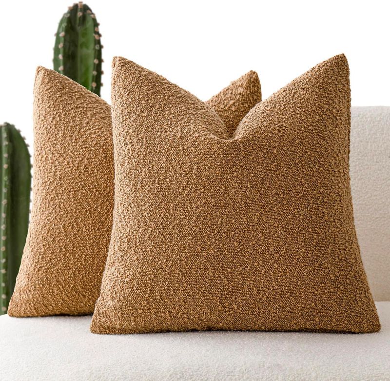 Photo 1 of Foindtower Accent Solid Pillow Cases Textured Boucle Throw Pillow Covers Cozy Modern Decorative Couch Cushion Case for Chair Sofa Bed Living Room Home Decor, Pack of 2, 18 x 18 Inch,Tobacco