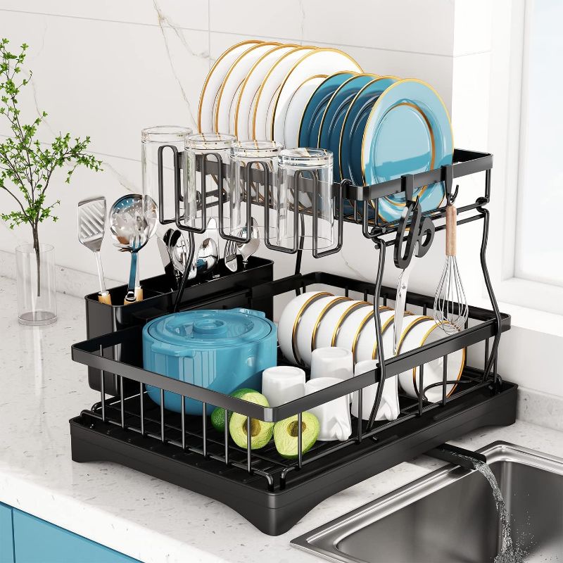 Photo 1 of Dish Drying Rack, 2 Tier Dish Racks for Kitchen Counter, Large Stainless Steel Kitchen Dish Drying Rack with Drainboard, Detachable Dish Drainers with Utensil Holders