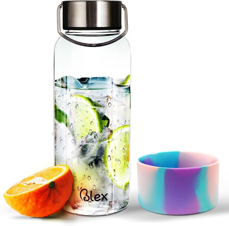 Photo 1 of Blex 34 Oz Borosilicate Glass Water Bottle | Glass Bottle with Leak-Proof Steel Lid, Non-Slip Sleeve, Handle | BPA-Free, Non-Toxic, Thermal Stable, Perfect for Home, Gym, or Travel