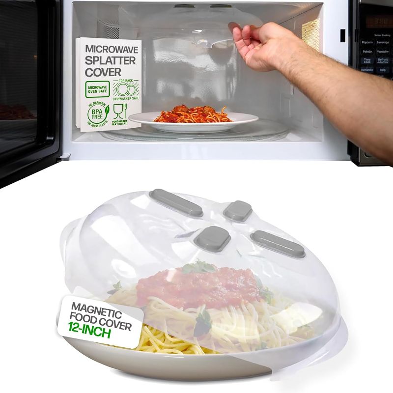 Photo 1 of HOVER COVER Magnetic Splatter Cover, 12-Inch Clear BPA-Free Food Lid, Vented Plate Guard with Steam Vents, Anti-Splash Microwave Lid, Dishwasher Safe, Space-Saving Magnetic Storage - Gray