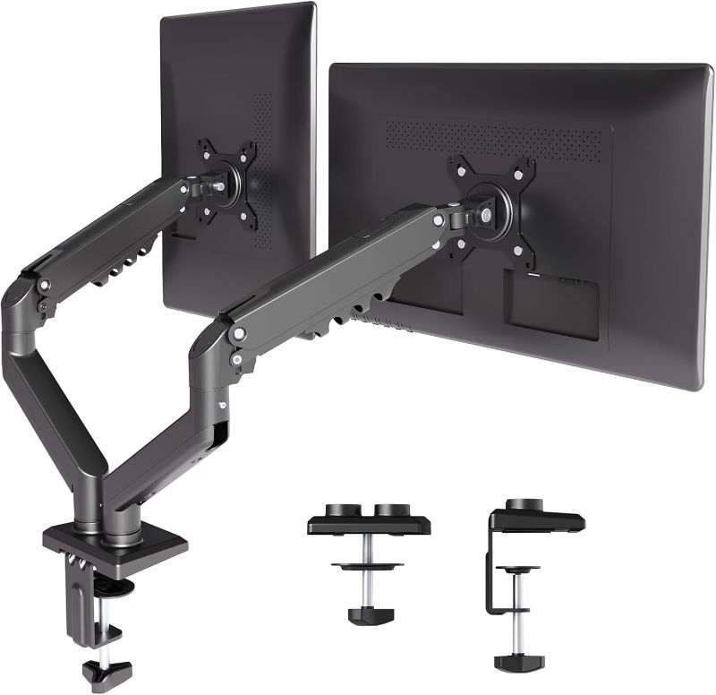 Photo 1 of Claiks Dual Monitor Mount for 15-32 Screens, Ergonomic Gas Spring Monitor Arm for, Adjustable Computer Monitor Stand up to 40 lbs, with Clamp and Grommet Base, VESA Mounting Holes 75&100mm, Black