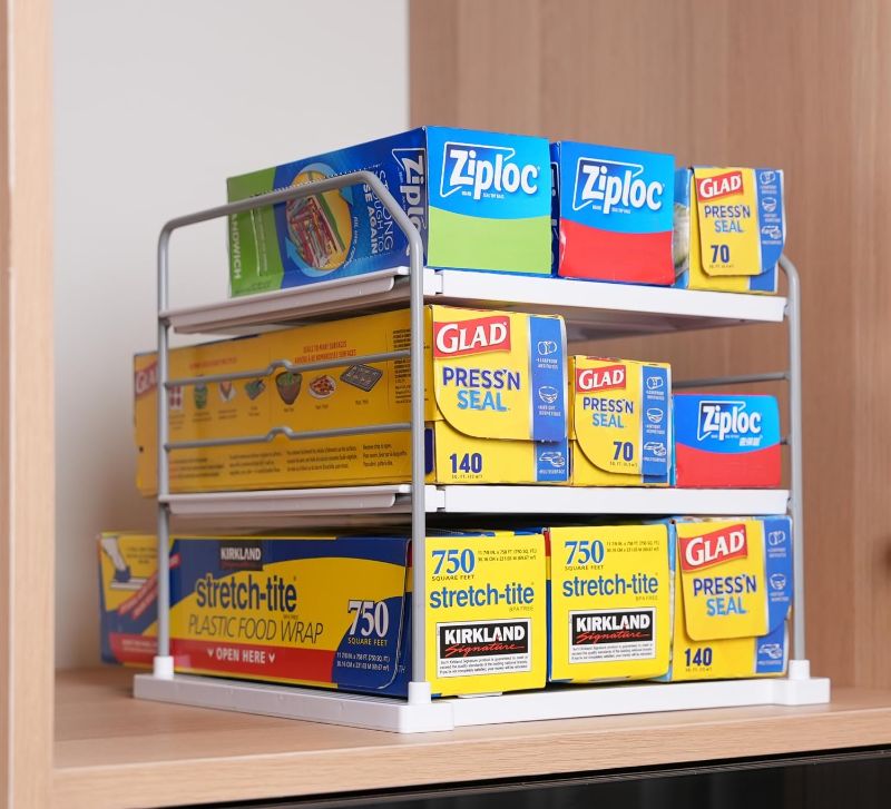 Photo 1 of EVERIE Extendable 3-Tier Holder for Heavy Items, Jars, Bottles, Cans, Plastic Bags, Wrap, Foil, Snack and Box for Kitchen,Counter, Cabinets, 11'' to 16.7'' Wide (11“ - 16.7” Wide, Piece, 1)